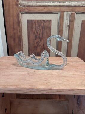 Clear Aqua Glass Swan Decorative Bowl